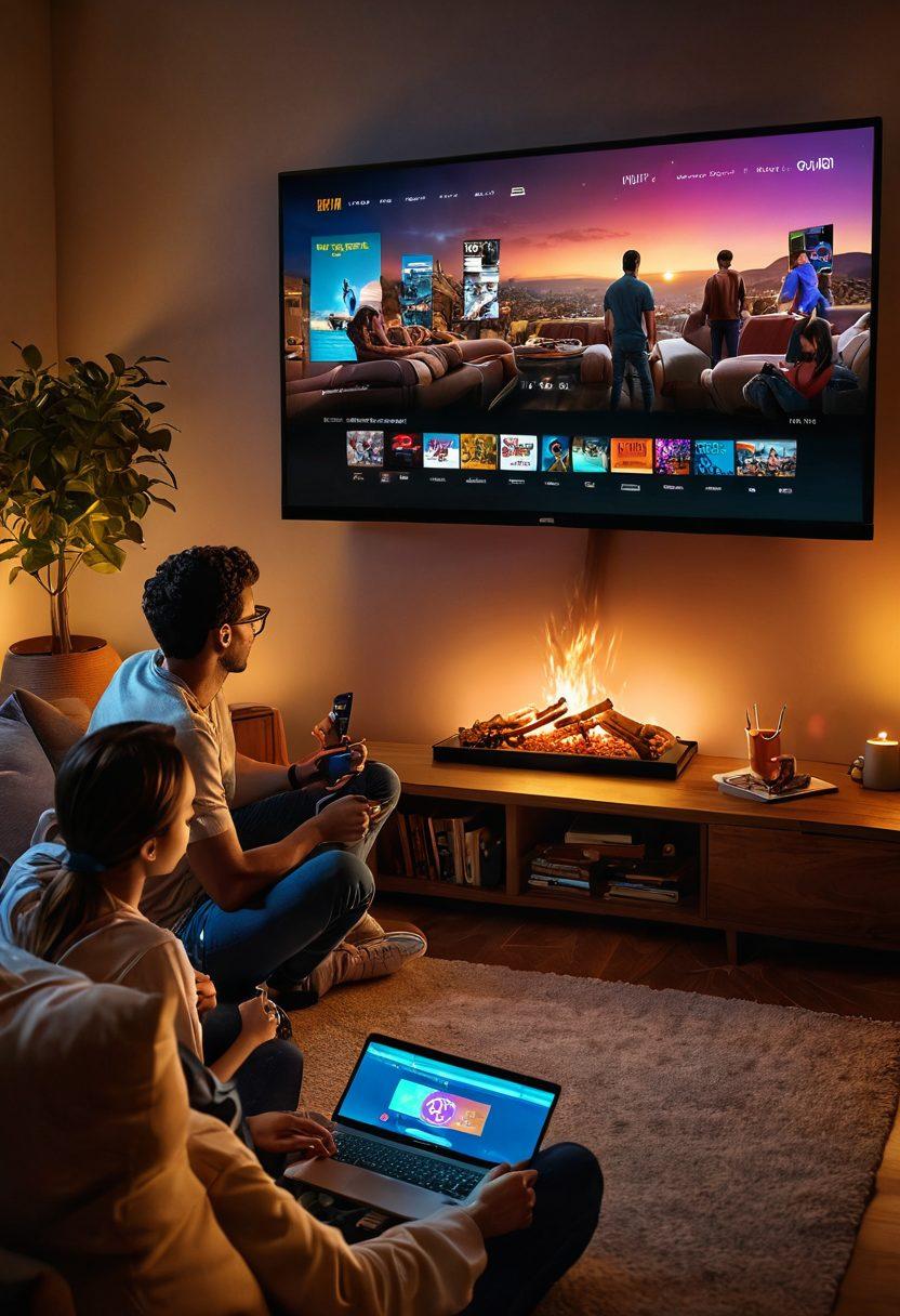 A cinematic scene featuring a diverse group of friends gathered around a cozy living room, streaming movies on a large screen. The room is dimly lit with colorful LED lights creating a vibrant atmosphere, snacks scattered around, and a poster of popular movies on the wall. In the foreground, a laptop displays a download progress bar, symbolizing the convenience of downloading. The setting is warm and inviting, capturing the essence of movie nights at home. super-realistic. vibrant colors. cozy atmosphere.