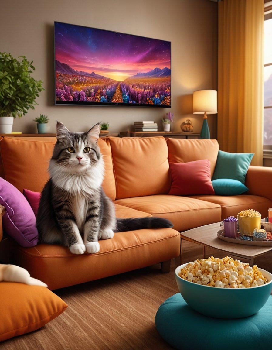 A cozy living room setting with a large screen streaming a vibrant movie, surrounded by popcorn, snacks, and a comfy couch. Include a digital tablet or laptop showcasing a list of new releases, and a playful cat napping nearby. The atmosphere should feel inviting and warm, perfect for binge-watching. super-realistic. vibrant colors. cozy ambiance.